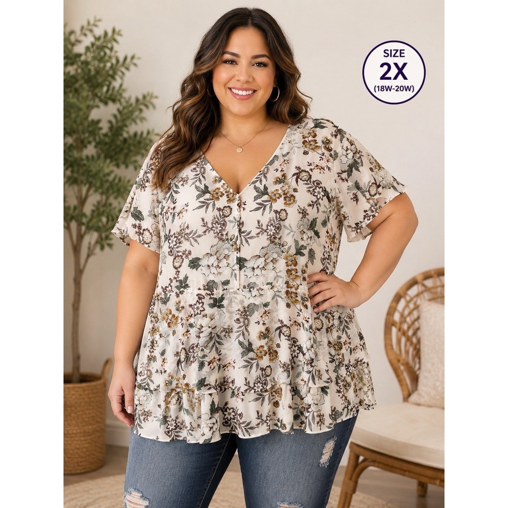 TORRID Size 2 /2x Plus Floral Tiered Peplum Blouse Pink Lined Plus Boho Top 3359